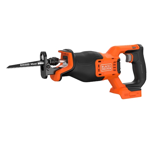 Cordless reciprocating saw by BLACK+DECKER, model BLCR78N. The tool is orange and black, designed for cutting wood. It features an ergonomic handle and an 18V battery compartment.