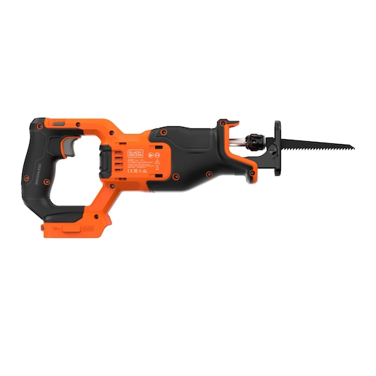 A BLACK+DECKER cordless reciprocating saw with an orange and black body, brushless motor label visible, and a saw blade attached.