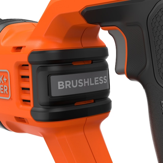BLACKDECKER BLCR78N brushless power tool close-up, showing orange and black handle on white background.