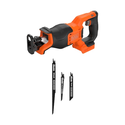 BLACKDECKER BLCR78N cordless reciprocating saw with three blade attachments, side view.