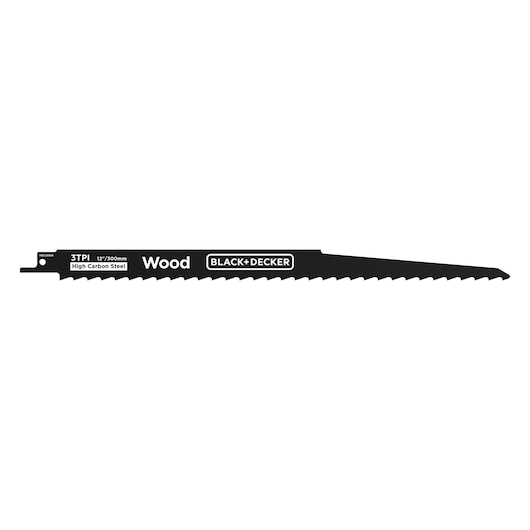 BLACK+DECKER BLCR78N wood cutting reciprocating saw blade, black high carbon steel, side view on white background.