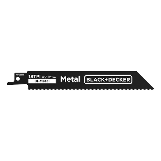 BLACKDECKER BLCR78N bi-metal reciprocating saw blade for metal, 6 inch, 18TPI, side view, white background.