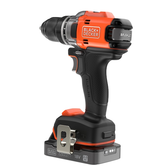 A BLACK+DECKER cordless power drill with an orange and black design, featuring a brushless motor and an 18V 2.0Ah rechargeable battery.