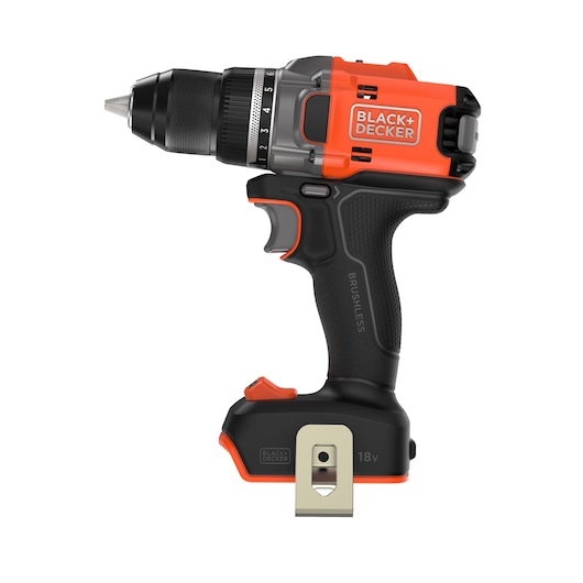 A BLACK+DECKER cordless drill with brushless motor, featuring a black and orange design, ergonomic handle, and an 18V battery attachment.