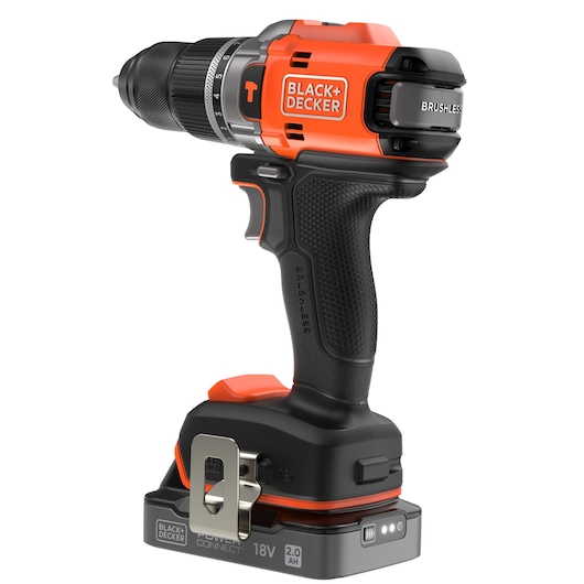 BLACK+DECKER brushless cordless drill with 18V battery and ergonomic grip, suitable for home and professional use.