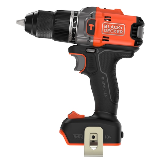 A BLACK+DECKER cordless power drill with a black and orange body, a brushless motor, 18V battery, and metal belt clip. The drill has adjustable torque settings and an ergonomic grip.