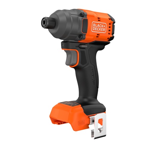 A BLACK+DECKER cordless impact driver with an orange and black ergonomic design. The tool does not have a battery attached.