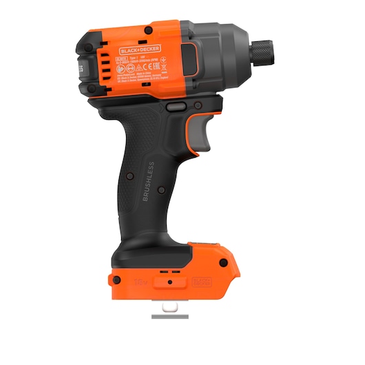 A BLACK+DECKER cordless brushless impact driver with a black and orange design. The tool is shown upright with labeling and specifications visible on the side. The battery compartment is at the bottom.