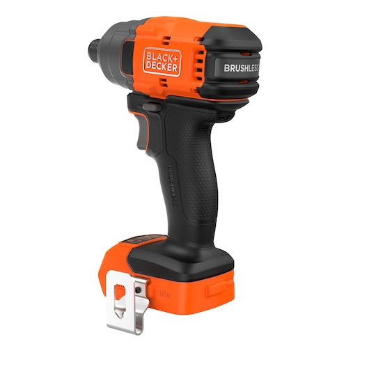 A BLACK+DECKER branded cordless brushless impact driver in orange and black, featuring a textured grip, a belt clip, and 18V marking on the battery.