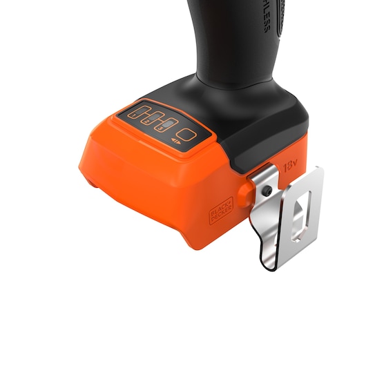 BLACK+DECKER BLIM78N cordless tool base with orange battery pack, metal belt hook, and battery indicator, side angle.