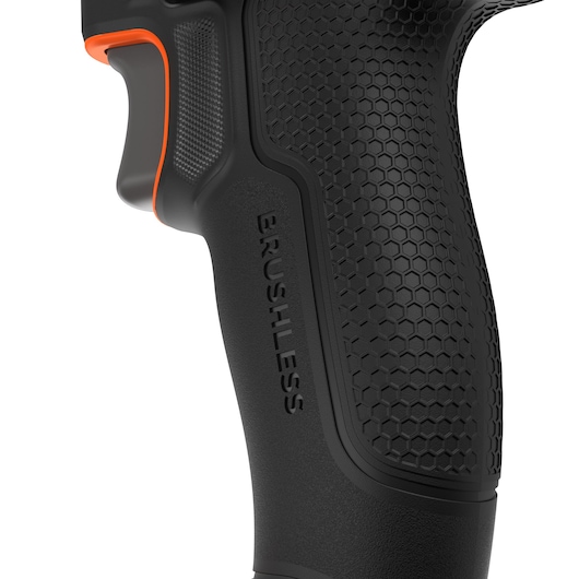 BLACKDECKER BLIM78N power tool handle close-up with black textured grip, hexagonal pattern and orange accents.
