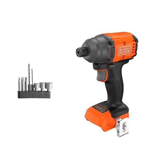 Photo of BLACKDECKER BLIM78N cordless impact driver with black and orange body, shown with accessories set, front angle.