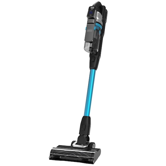 A BLACK+DECKER cordless stick vacuum cleaner with a blue tube and black and silver components, shown upright against a white background.
