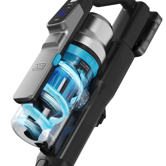 BLACK+DECKER BSV520BRB cordless stick vacuum cleaner with clear dust bin and blue cyclonic filtration, side angle.