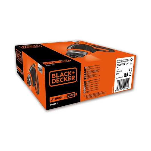 Photo of BLACKDECKER cordless screwdriver box, orange and black, SKU CS3653LC, 3.6V lithium, front angle.