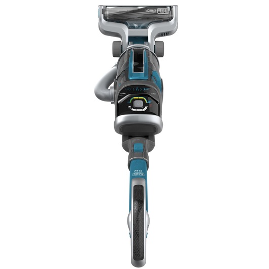 Front view of a BLACK+DECKER upright vacuum cleaner featuring a clear dust container and blue-grey ergonomic handle, model CUA625BH.