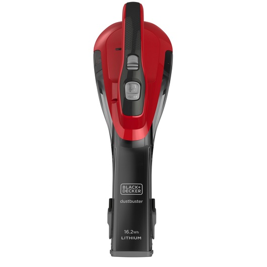 BLACKDECKER DVA315J handheld vacuum, red and black, top angle, dustbuster, lithium battery.