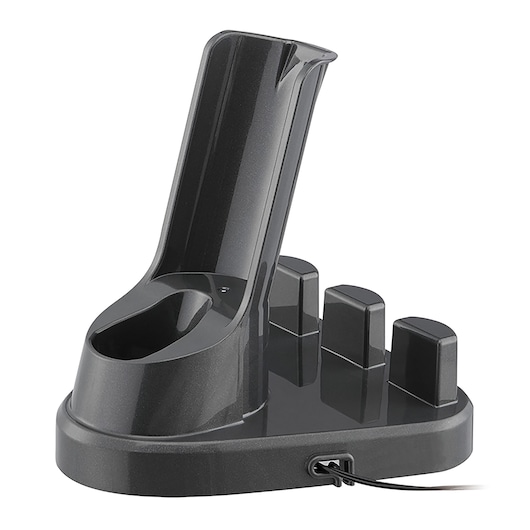 BLACKDECKER DVC320B21 vacuum accessory charging dock, black plastic, side angle on white background.