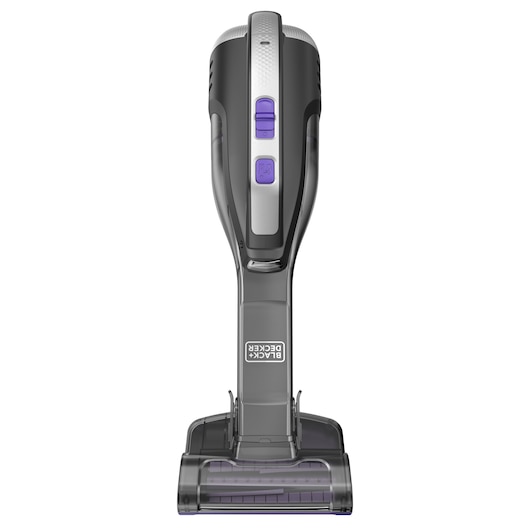 Front view of a BLACK+DECKER handheld vacuum cleaner with a grey and purple design.