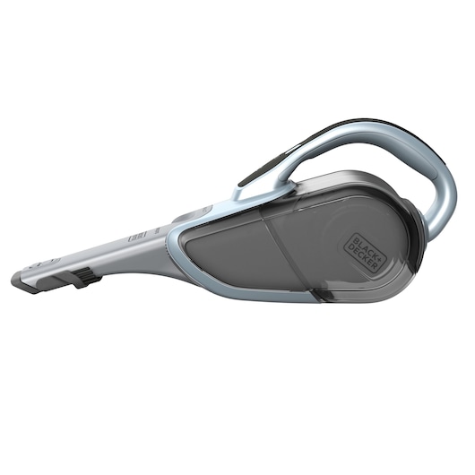 A BLACK+DECKER handheld cordless vacuum cleaner, model DVJ325J, shown in a side view with a sleek grey and light blue design.