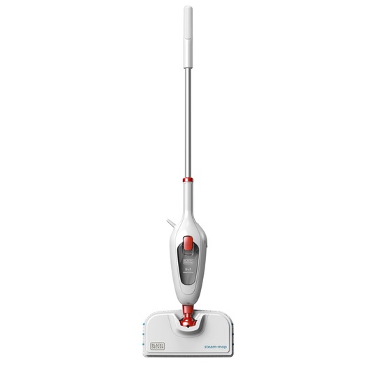 A BLACK+DECKER steam mop with a white and red design, featuring a long handle and rectangular cleaning head, shown against a plain white background.