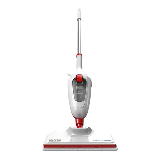 A BLACK+DECKER 5-in-1 steam mop with a white and red design, shown upright against a white background.