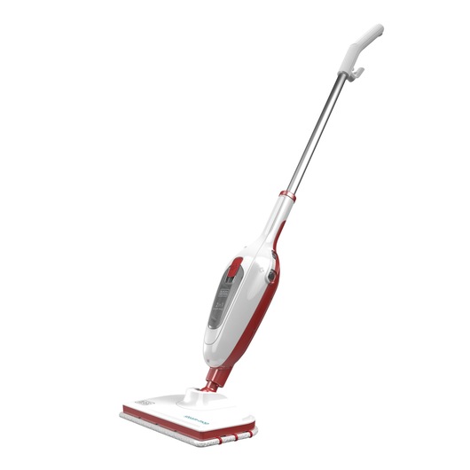 A BLACK+DECKER steam mop with a white and red design, featuring a rectangular cleaning head and a long handle.