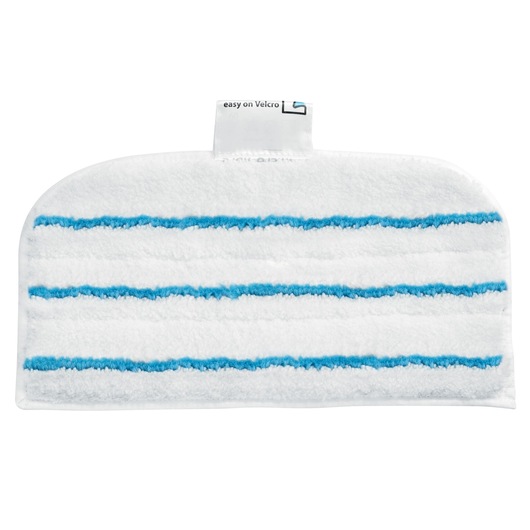 A white rectangular microfiber cleaning pad with four horizontal blue stripes, designed for BLACK+DECKER steam mops. It has a tag at the top with text.