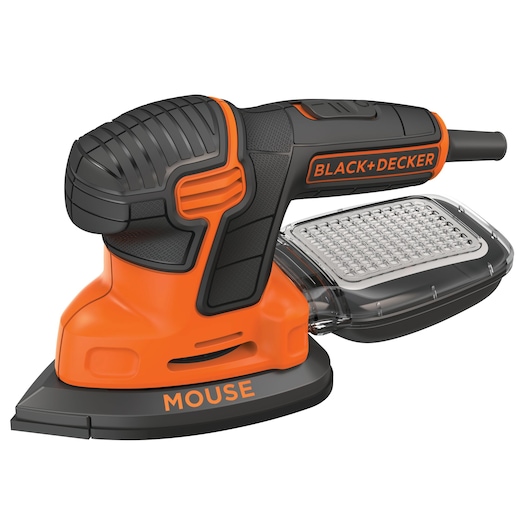 A close-up image of a BLACK+DECKER KA2500K Mouse detail sander in orange and black, featuring a pointed sanding pad and a transparent dust collection attachment.