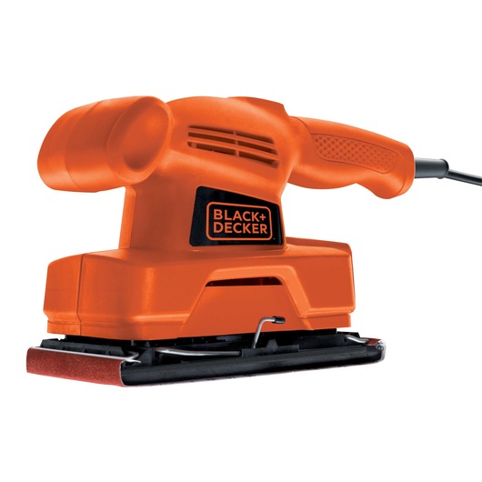 BLACK+DECKER KA300 orange electric sheet sander side view, textured handle, power cord visible.
