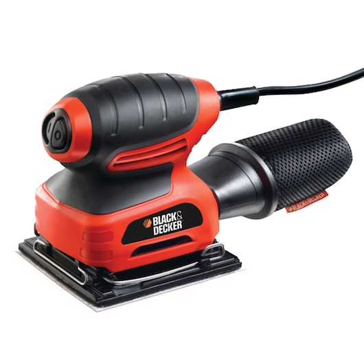 BLACKDECKER KA400 photography of red and black sheet sander with dust collector side angle.