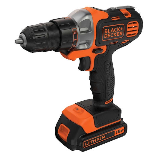 A BLACK+DECKER 18V cordless Multi-Evo power drill with an orange and black design, featuring a lithium battery and adjustable settings.