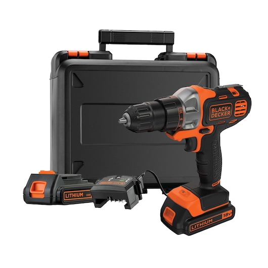BLACK+DECKER MT218KB cordless drill with orange and black design, two batteries, charger, and carrying case, front angle.
