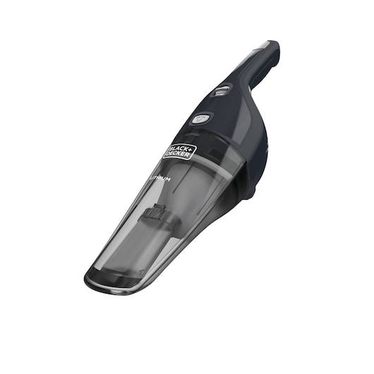 BLACK+DECKER NSVA315J handheld vacuum, black with transparent dust bin, angled on white background.