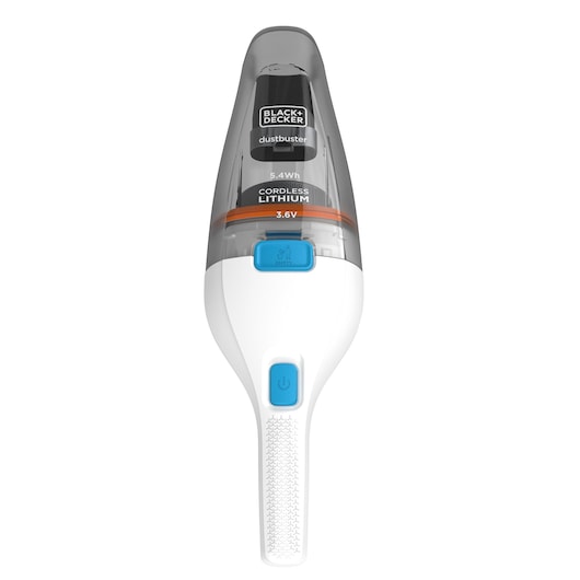 A BLACK+DECKER handheld cordless vacuum cleaner, model NVC115JL, featuring a transparent dust container and blue buttons for power and emptying. The vacuum is labeled as a Dustbuster with 5.4Wh lithium battery and 3.6V power.
