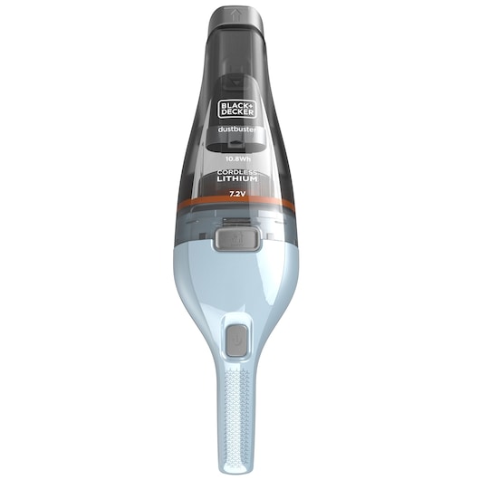 A BLACK+DECKER Dustbuster handheld cordless vacuum cleaner with a transparent upper section and light blue lower body. The device is labeled 7.2V cordless lithium and features a power button and dust release button.