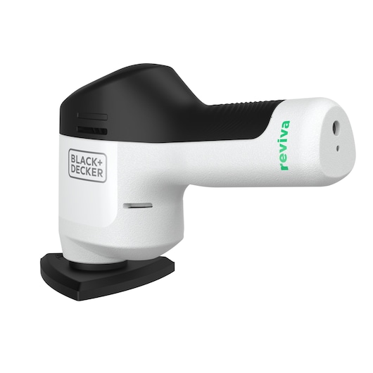 BLACK+DECKER REVDS12C cordless detail sander, white and black, side angle on white background.
