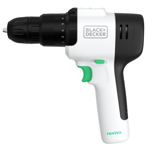 BLACK+DECKER REVHD12C cordless drill, white and black side view, green accents, photography