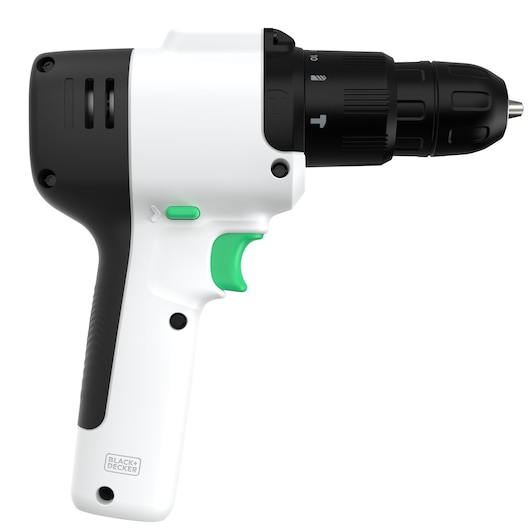 BLACK+DECKER REVHD12C cordless drill side view, white and black body, green trigger, white background.