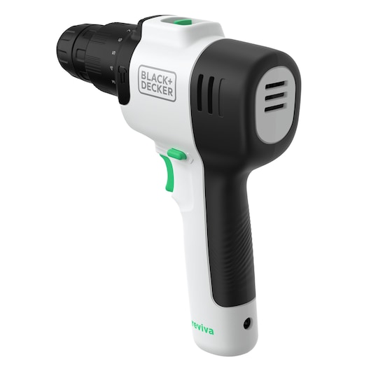 BLACK+DECKER REVHD12C cordless drill, white and black, angled view on white background.