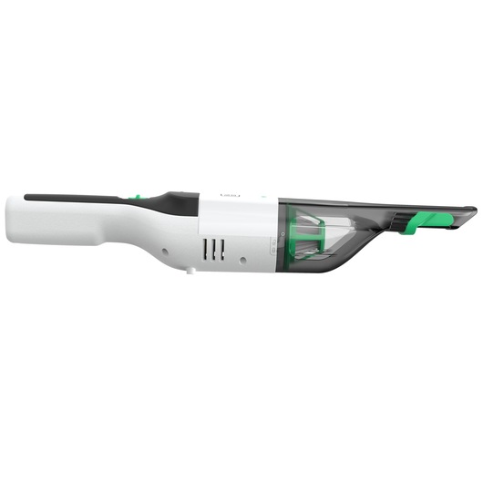 BLACKDECKER REVHV8C handheld vacuum cleaner, side view, with white handle and transparent dust container with green accents.