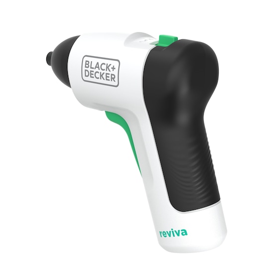 BLACK+DECKER REVSD4C cordless screwdriver, white and black, angled view on white background.