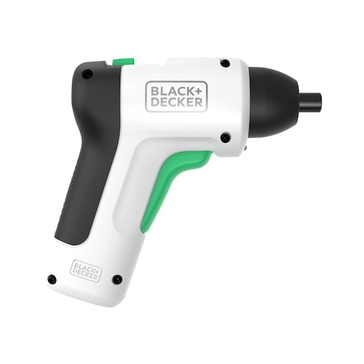 BLACK+DECKER REVSD4C cordless screwdriver side view, white and black body, green trigger, photography.