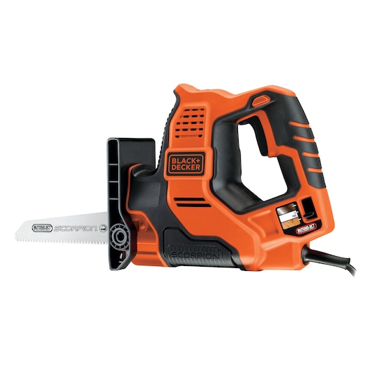 Electric orange and black reciprocating saw with a handle and blade, branded BLACK+DECKER, designed for versatile cutting tasks.