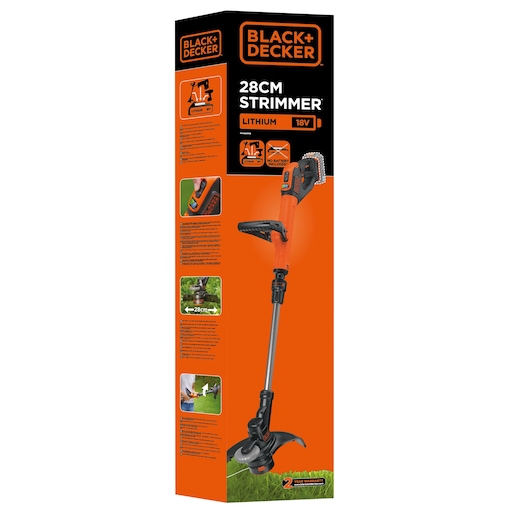 BLACKDECKER STC1820PCB 28cm lithium 18V strimmer packaging, front angle, orange and black box.