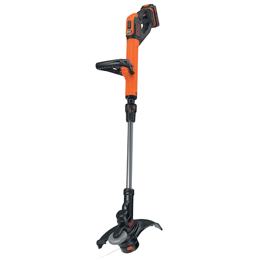 A BLACK+DECKER cordless grass trimmer, model STC1820PC, with an orange and black design, ergonomic handle, and adjustable shaft, shown isolated on a white background.