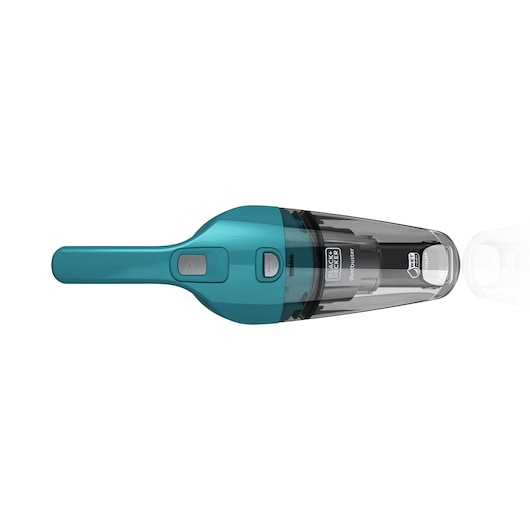 Photo of BLACKDECKER WDB115WA handheld vacuum cleaner, teal color, top angle on white background.