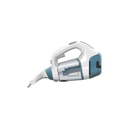 BLACKDECKER WW100 handheld vacuum side view, white and blue design, on white background.